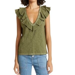 Veronica Beard Ellerie Ruffled Sleeveless Olive V-Neck Soft Pima Cotton Top Sz M